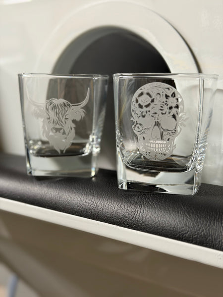 Custom sandblasted square on the rocks whiskey glass 10.5 ounce