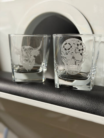 Custom sandblasted square on the rocks whiskey glass 10.5 ounce