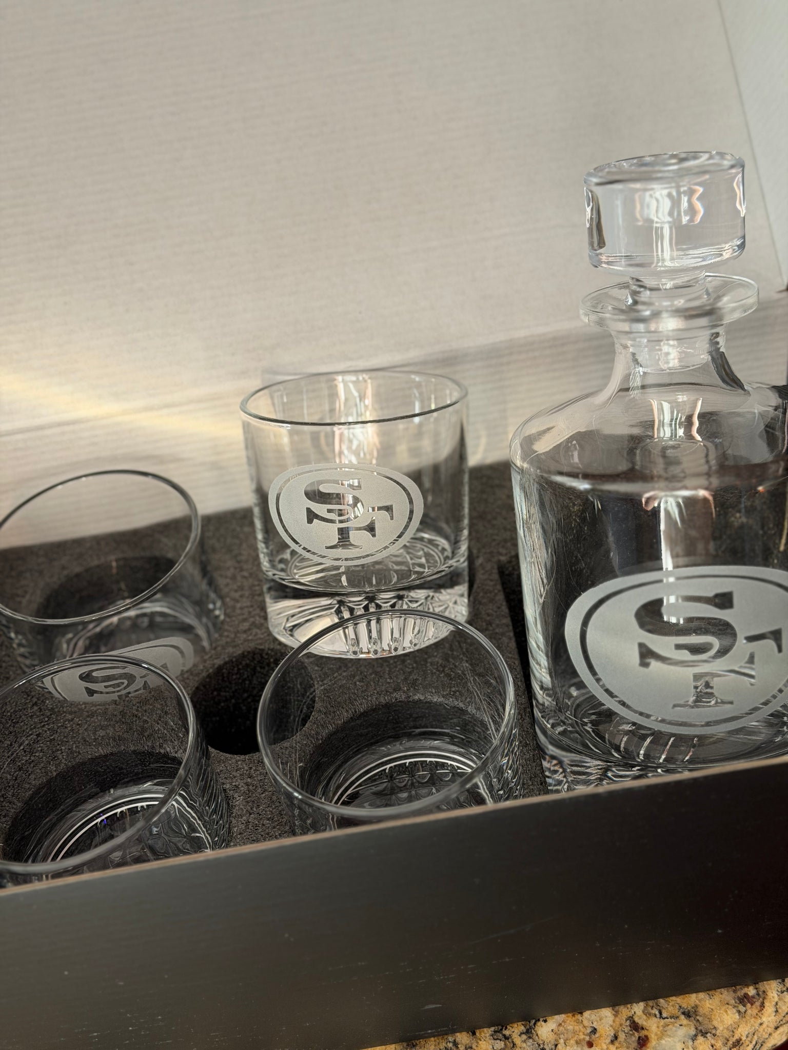 Custom sandblasted decanter set