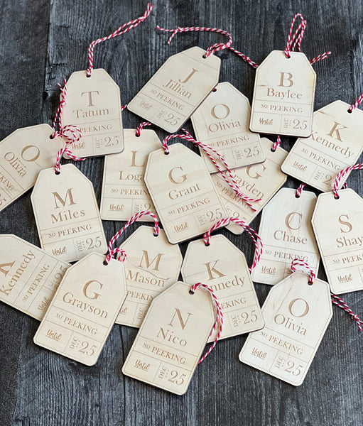 “No peeking” personalized gift tags